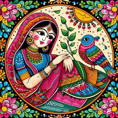 Image Creator Madhubani Drawing Indian Paintings, Madhubani Art Design, Madhubani Paintings Traditional, Radha Krishna Madhubani Painting, Indian Folk Art Painting, Traditional Madhubani Art, Folk Drawing, Microsoft Copilot, Heritage Art