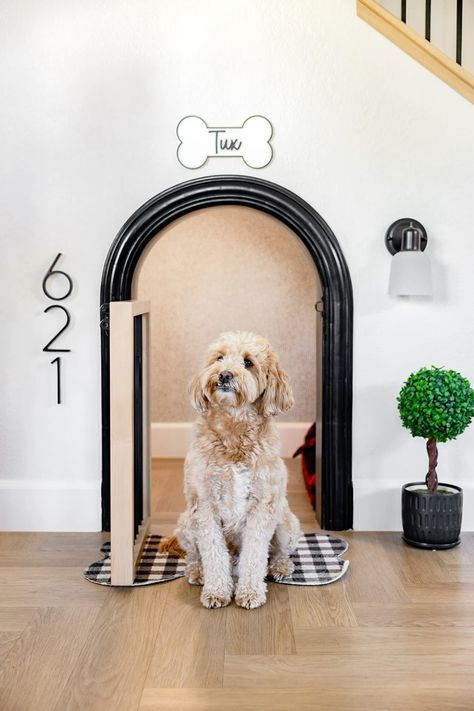 Built In Pet Space, Dog Features In House, Diy Dog Closet Ideas, Under Stair Dog Space, Dog Room Closet, Under The Stairs Dog House, Luxury Dog Room, Built In Dog Bed, Dog Room Design