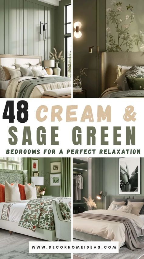 Discover 48 serene sage green and cream bedroom color combinations to transform your space into a haven of relaxation. Find inspiration for your perfect calming retreat and learn how to blend these soothing hues for a tranquil ambiance. Soft Green Bedroom, Grey Green Bedrooms, Green Bedroom Colors, Sage Green Bedroom Ideas, Light Green Bedrooms, Sage Bedroom, Green Bedroom Walls, Green Bedroom Ideas, Green Bedroom Design