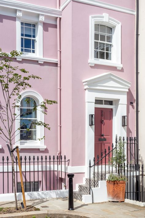 London Mews House, Pink Stucco, Pink House Exterior, Pink London, Light Wooden Floor, Calming Interiors, French Exterior, Mews House, Paint Colors For House