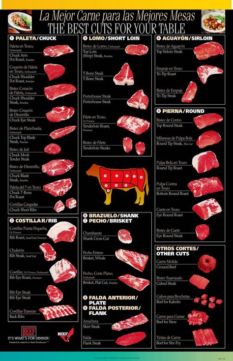 Beef cuts in Spanish Sommer Mad, Cuts Of Beef, Resep Diet, Food Charts, Cooking Guide, Beef Cuts, Food Info, Grass Fed Beef, Food Facts