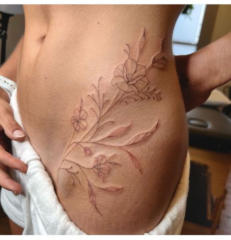 Begonia Tattoo Flowers, Hip To Side Tattoos Women, Marigold Leg Tattoo, Tattoo Ideas Female Full Leg, Fallin Flower Tattoo, Floral Pelvis Tattoo, Lower Stomach Hip Tattoo, Full Body Leaf Tattoo, Ivy Tattoo Ribs