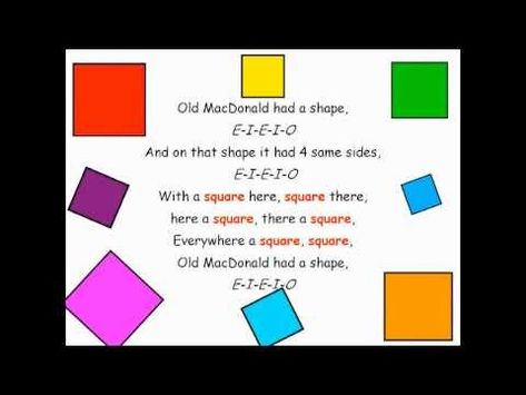 Shape song to the tune of Old MacDonald. Good for KS1, Foundation Stage and Special Resources Base classes. Shape Songs For Toddlers, Shapes Rhymes, Transition Songs For Preschool, Preschool Technology, Shape Songs, Math Songs, Shapes Kindergarten, Kindergarten Songs, Classroom Videos