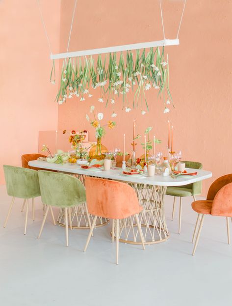 Cantaloupe Color Palette, Ethereal Installation, Modern Colorful Wedding, Orange Weddings, Indoor Garden Party, Garden Cake, Posts Ideas, Floral Installations, Palette Inspiration