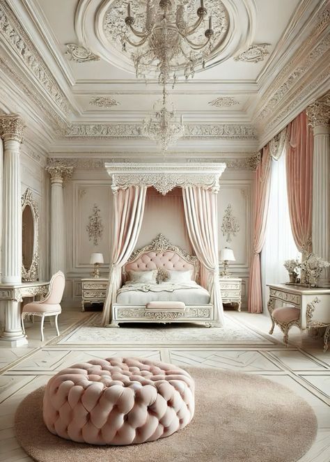 Princess Bedroom Canopy, French Princess Bedroom, Girly Princess Bedroom, Princess Bedrooms Royal, Castle Rooms Bedrooms, Pink Luxury Bedroom, Princess Aesthetic Bedroom, Pink Royal Bedroom, Vintage Princess Aesthetic Bedroom