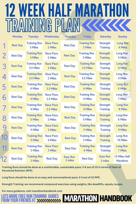 12-Week Half Marathon Training Plan (With PDF) 3 Sub 2 Hour Half Marathon, Marathon Training Plan Beginner, 10k Training Plan, Half Marathon Plan, Beginner Half Marathon Training, Marathon Training For Beginners, Running Training Plan, Half Marathon Training Schedule, Marathon Prep