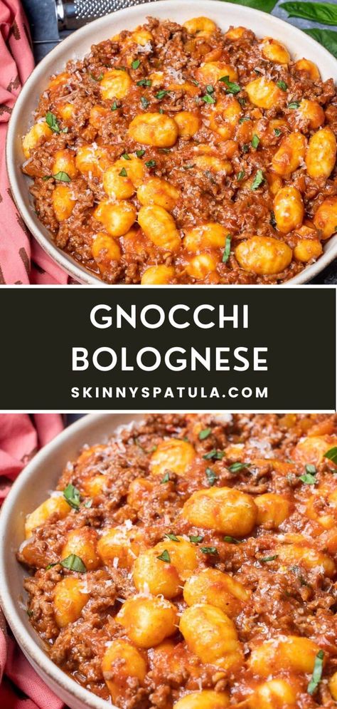 Gnocchi Bolognese Flavored Gnocchi Recipes, Baked Gnocchi Bolognese, Small Batch Gnocchi Recipe, Meals For Groups Large Families, Gnocchi With Bolognese Sauce, Italian Gnocchi Recipes Dinners, Ground Beef With Gnocchi, Healthy Gnocchi Dinner, Ground Beef Recipes Gnocchi