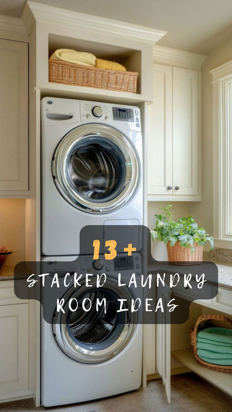 Looking to save space in your home? Click to discover 13 stacked laundry room ideas that maximize efficiency and style in tight spaces. 🔄🧺 #LaundryRoomDesign #SpaceSaving #HomeOrganization #EfficientHomes #StackedLaundry Small Closet Laundry Room Ideas Stacked, Stackable Laundry Cabinet, Narrow Laundry Room With Stacked Washer Dryer, Laundry With Stacked Washer And Dryer, Small Laundry Room Ideas With Stackable Washer Dryer, Laundry Rooms With Stackable Units, Laundry Room Storage With Stackable Washer And Dryer, Laundry Room With Toilet And Sink, Garage Washer And Dryer Spaces