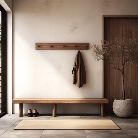 Japandi Bench - 11 Gorgeous Examples and What to Look For Small Entryway Ideas Japandi, House Entrance Japandi, Japandi Hallway Storage, Entryway Decor Japandi, Japandi Hallway Entrance, Japandi Entryway Bench, Minimalist Entryway Bench, Hallway Drop Zone Ideas, Entryway Organic Modern