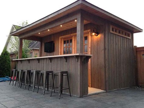 Outdoor Bar With Storage, Lake Storage Shed, Pool Shed With Bar And Storage, Storage Shed Bar Ideas, Pool Cabana Bar, Man Shed Ideas, Backyard Pool Cabana, Backyard Bar Shed, Cabana Bar