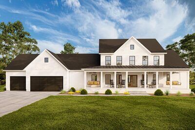 The expansive front porch on the exterior of this 2-Story Modern Farmhouse plan measures 50'-wide by 11'-deep. A barrel-vaulted ceiling greets you in the foyer where you'll find a home office to the left. Straight ahead, a generous great room boasts a fireplace and oversized opening into the eat-in kitchen. Large service areas include a walk-in pantry, mudroom with coat closet, and lower-level storage that is accessible from the 3-car garage or main home's stairwell. The master bedroom enjoys a 2 Story Barndominium Floor Plans, 2 Story Farmhouse Plans, Farmhouse Floor Plans, Kitchen Large, Coat Closet, Farmhouse House, Farmhouse Plan, Up House, House Plans Farmhouse