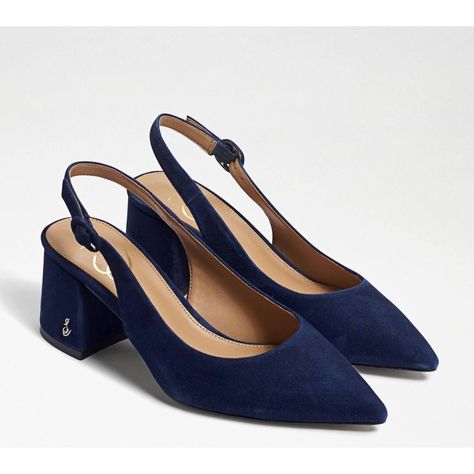 New Sam Edelman Petra Pointed Toe Slingback Block Heels In Navy Suede This Pointy Sling Back Is Both Elegant And Sophisticated. The Sling Back Makes It Super Functional And Easy To Slip Into. Pair These With Your Favorite Wide Leg Trousers! Closure: Side Buckle Toe: Pointy Heel Height: 2.36 Inches Material: Leather Insole: Synthetic Brand New In Box, Size 6! There Is Some Rubbing Of The Suede On The Right Side Of The Left Shoe - Minor And Not Noticeable When Worn. These Are Stunning!! Low Heel W Professional Outfits, Slingback Block Heels, Business Professional Outfits, Pointy Heels, Signature Fragrance, Shoe Closet, Sling Back, Dream Shoes, Wide Leg Trousers