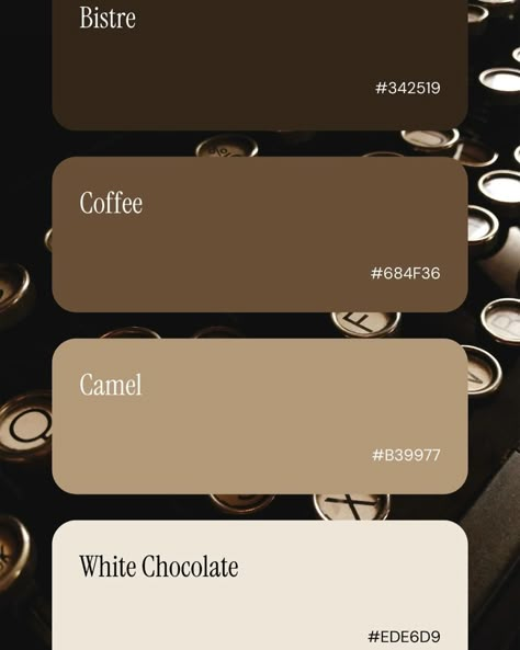 Bistre - #342519: A very dark shade of brown, almost black, reminiscent of dark wood or rich soil. Coffee - #684F36: A medium-dark brown that resembles the color of roasted coffee beans. Camel - #B39977: A muted, sandy color that closely matches the light brown or tan of camel fur. White Chocolate - #EDE6D9: A very pale, creamy off-white, similar to the color of white chocolate. Brown Color Palette Combination, Off White Colour Combination, Dark Brown Color Palette, Brown And Black Color Palette, Coffee Color Palette, Coffee Brown Color, Black Color Palette, Shade Of Brown, Brown Color Palette