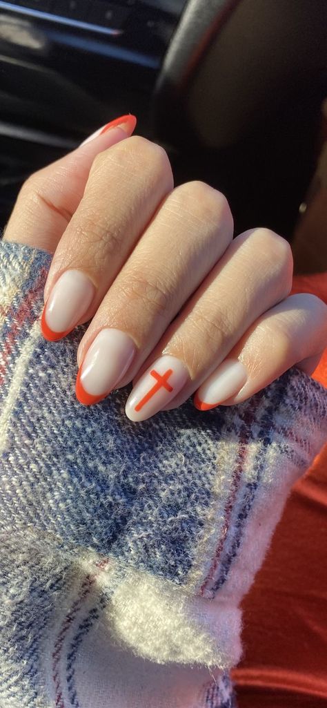 French Tip Nails With Cross, Country Girl Nails, Nails With Cross, Red French Tip Nails, Country Acrylic Nails, Light Pink Acrylic Nails, Cross Nail Art, Nail Designs Easy Diy, Red French Tip