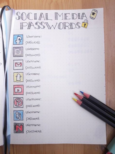 Social Media passwords page in my journal!! Made by me @Sophiaa #bulletjournal #ideas #socialmedia Bullet Journal Lists, Bullet Journal Work, Bullet Journal For Beginners, Bullet Journal Key, Bullet Journal Ideas Templates, Creating A Bullet Journal, Bullet Journal Mood Tracker Ideas, Bullet Journal Paper, Bullet Journal Tracker