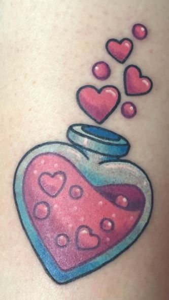 Love Potion No 9 Tattoo, Heart Bottle Drawing, Love Core Tattoo, Traditional Cute Tattoo, Love Potion Tattoo Bottle, Heart Bottle Tattoo, Love Themed Tattoos, Cute Pink Tattoos, Lovecore Tattoo