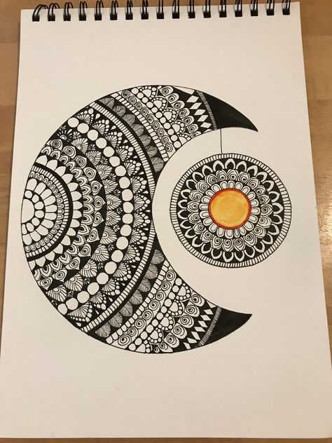 Hanging sun with moon Mandala by me😊😊 Moon Mandala Drawing, Cartoon Mandala Art, Sun Mandala Design, Moon Mandala Art, Relaxing Artwork, Sun Moon Mandala, Mandala Moon, Sun And Moon Mandala, Mandala Sketch