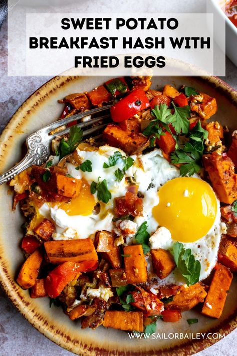 This sweet potato breakfast has with fried eggs is going to blow you away with my special breakfast seasoning. The hash is so easy to whip up and it's all made in one skillet for easy clean up. via @sailor_bailey Sweet Potato Breakfast Recipes, Potato And Egg Breakfast, Eggs And Sweet Potato, Sweet Potato Breakfast Hash, Breakfast Skillet Recipes, Paleo Breakfast Easy, Potato Breakfast Recipes, Sweet Potato Bowls, Potato Breakfast