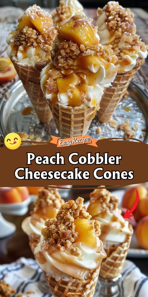 Peach Cobbler Cheesecake Cones Peach Cobbler Cheesecake Cupcakes, Peach Cobbler Stuffed Cones, Mini Peach Cobbler Cheesecake, Peach Cobbler Cheesecake Recipe, Peaches Recipes, Cheesecake Cones, Peach Cobbler Cheesecake, Lush Desert, Cone Dessert