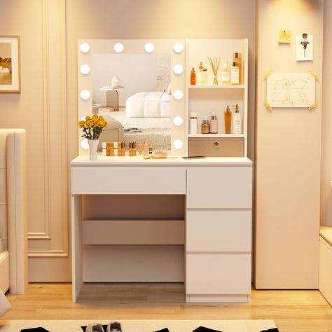 PRICES MAY VARY. [Perfect Size Vanity] Not too big or small, 37”(W)*15.8”(D)*55.1”(H), a perfect fit for small bedroom. Charming vanity with lots drawers, suitable for both teenagers and adults. Great gift for daughter, wife on birthday, Valentine's Day, Mother's Day. [Adequate Space/Storage] This vanity provide 4 drawers and 3 open shelves, easily to hold hair straightener, blow dryer, jewelry and all makeups, and also deep and big enough for lotions, make your bedroom more tidy and clean. [3 L Makeup Vanity With Lights, Vanity With Lights, Girls Vanity, Smart Bedroom, Makeup Vanity Lighting, Vanity Desk With Mirror, Desk With Mirror, Mirrored Vanity Desk, Small Vanity