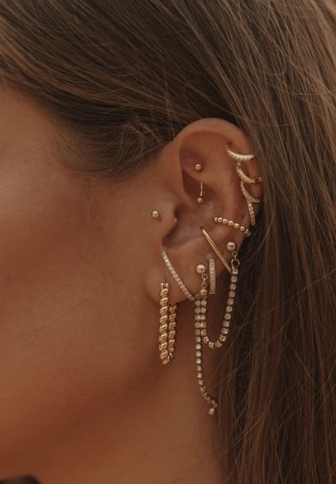 The Croissant Hoops – Jay Nicole Designs Hoops All The Way Up Ear, Gold Earring Multiple Piercings, Earring Sets For Multiple Piercings Gold, Earring Inspo Ears Gold, Eat Jewelry, Eat Piercings Chart, Earings Aesthetics, New Piercing Ideas, Stacked Ear Piercings