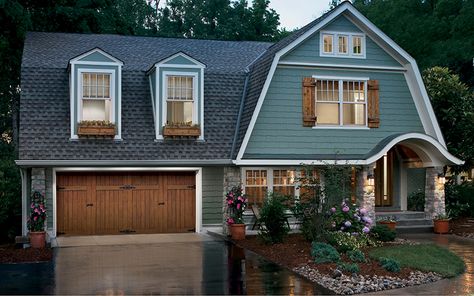 Canyon Ridge Garage Doors Limited Edition Series Gambrel House, Dutch Colonial Homes, Rustic Shutters, Wooden Garage Doors, Normal House, Gambrel Roof, Wood Garage Doors, Garage Door Design, Dutch Colonial