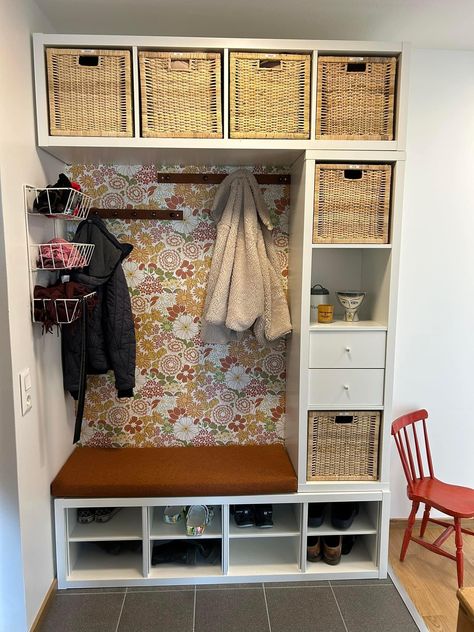 Cube Shelf Organization Ideas, Laundry Mudroom, Cube Shelf, Small Hallway Ideas, Extension Ideas, Cube Shelves, Playroom Organization, Kallax Ikea, Small Hallways