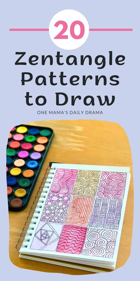 Learn how to draw zentangle patterns and doodles to create when you're bored or need easy creative art ideas. I shared 20+ pattern ideas on One Mama's Daily Drama to make getting started fun and easy! How To Draw Zentangle Patterns, Simple Doodle Patterns, Doodles Zentangles Easy, Random Patterns Drawing Easy, Zentangle Designs Pattern, Zentangle Drawings Easy, Funny Things To Draw Easy, Beginner Doodles, Zen Doodle Patterns Tangle Art