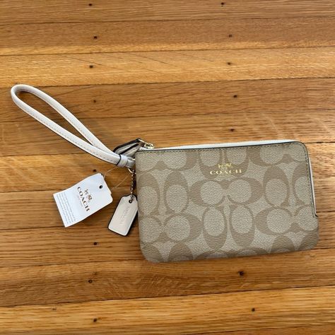 Coach Tan Double Zip Wristlet Wallet Nwt. Light Khaki/Chalk Color. 2 Zip Pockets. 6.5 X 4 In. Brand New With Tags. White Wallet, Leather Anniversary, Leather Clutch Wallet, Envelope Wallet, Id Wallet, Bags Coach, Card Case Wallet, Keychain Wallet, Black Leather Wallet