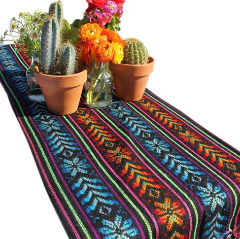 - Fine Woven Acrylic - Table runner measures 14" wide by 74" long with - - 4" fringe on each end - Great as table decor for everyday use, or for Baby shower, Bridal shower or Fiesta themed events - Made in Mexico of fine woven acrylic. Machine washable on delicate. Each item is unique, variations in color and pattern will occur. - Runner could also be worn as scarf. The larger versions are commonly used by doulas in home births or as baby carriers. Black Table Runners, Mexican Fiesta Decorations, Mexican Rebozo, Mexican Table Runner, Bohemian Table, Mexican Table, Banquet Decorations, Fiesta Decorations, Cotton Crafts