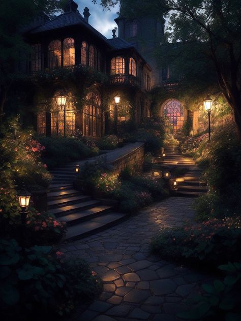 Cottage At Night Aesthetic, Mansions Aesthetic, Mansion At Night, Bim Design, Misty Night, Mansion Aesthetic, English Estate, Fairytale House, France Aesthetic