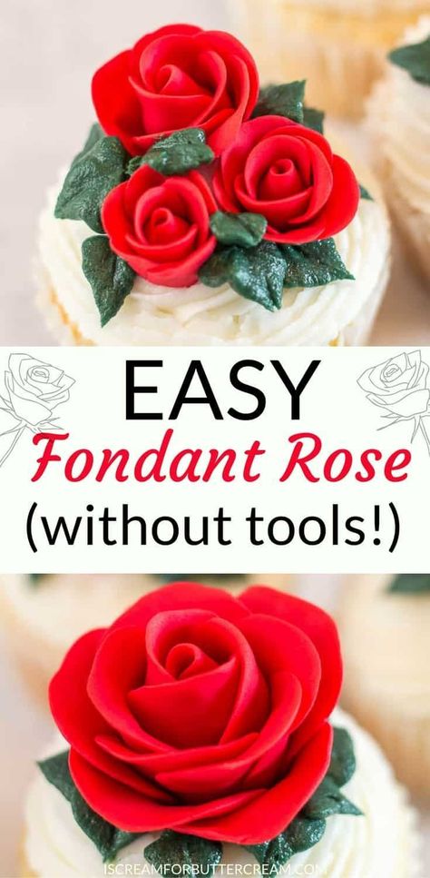 If you've got a ton of roses to make, or maybe you just don't want to spend hours making them, this easy fondant rose is the perfect solution. The only supply you need is fondant. You don't even need water to attach the petals. So quick and so easy to do and you don't have to keep up with a ton of cake decorating tools. #cakedecorating #fondantrose #fondanttutorial Fondant Rose Tutorial, Easy Fondant, Fondant Tips, Cream Icing, Fondant Rose, Piping Techniques, Creative Cake Decorating, Fondant Tutorial, Easy Cake Decorating