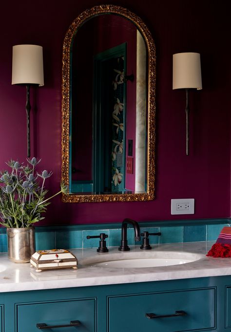 The jewel tone bathroom of our dreams Jewel Tone Rooms Bedrooms, Dark Jewel Tone Bathroom, Maximalist Decor Jewel Tones, Neutral Paint Ideas For Living Room, Jewel Tones House Decor, Magenta Bathroom Vanity, Jewel Tone Cottagecore, Jewel Tones Bathroom, Magenta Bathroom Ideas