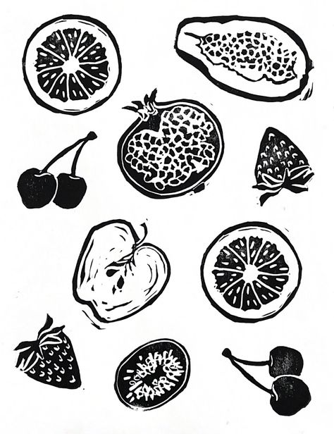 Linocut relief prints. Each piece is printed by hand, product may vary Fruit Screen Print, Strawberry Lino Print, Fruit Block Print, Block Print On Fabric, Fruit Lino Print, Linocut Template, Beginner Linocut, Apple Linocut, Fruit Linocut