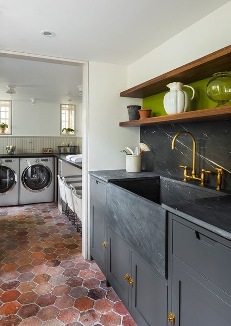 Love the soapstone sink & tailored cabinetry Terra Cotta Floors, Veranda Design, Laundry Room Decorating, Terracotta Floors, Black Kitchen Sink, Brooklyn Brownstone, Terracotta Floor, Brass Kitchen, Kitchen Farmhouse