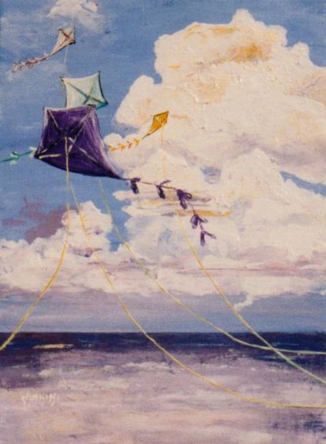 Kites Painting, Sea Illustrations, Painted Pictures, The Kite Runner, Inspiring Artwork, Sea Illustration, Go Fly A Kite, Miniature Paintings, Kite Flying