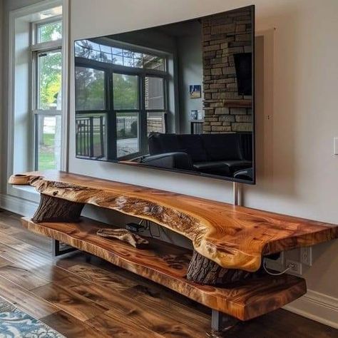 Table Made Of Wood, Rustic Tv Table, Live Edge Tv Stand, Tv Table Ideas, Natural Wood Tv Stand, Live Edge Wood Furniture, Live Edge Shelves, Wood Entertainment Center, Diy Tv Stand