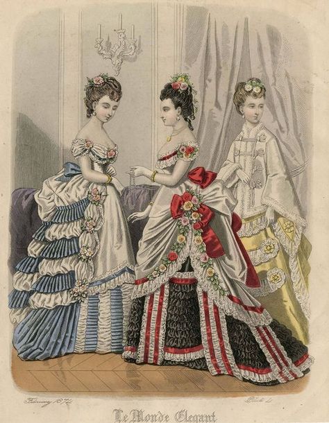 Figurine, Victorian Plates, Dresses With Flowers, Edwardian Fashion Plates, 1870s Dress, 1870 Fashion, Victorian Ball Gowns, Western Womens Fashion, Victorian Era Fashion