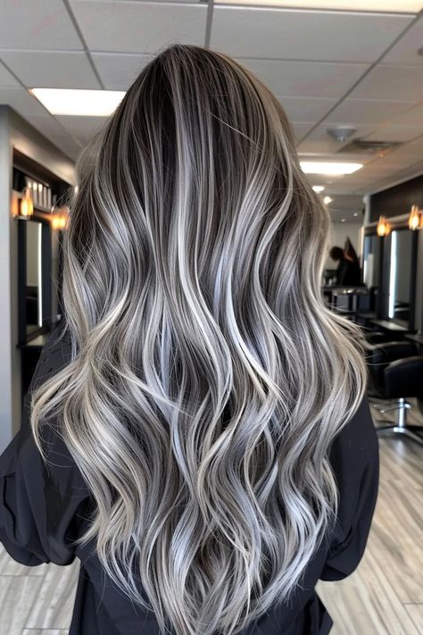 Platinum Highlights In Brown Hair, Root Melt Ash Blonde, Brown Hair With Grey Highlights, Silver Highlights On Brown Hair, Smokey Ash Brown Balayage Dark, Darker Highlights, Brown Hair With Silver Highlights, Grey Transition, Grey Balayage