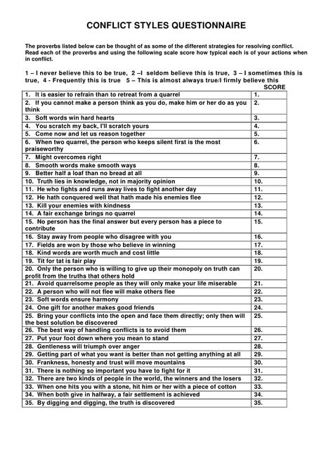 CONFLICT STYLES QUESTIONNAIRE  The proverbs listed below can be thought of as some of the different strategies for resolvi... Relationship Assessment Questions, Values Questionnaire, Therapy Check In Questions, Marriage Therapy Worksheets, Counseling Intake Questions, Questionnaire Sample, Couples Counseling Worksheets, Couples Therapy Worksheets, Relationship Worksheets