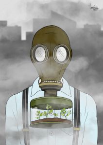 Air Pollution man wearing gas mask containing plants illustration Inkscape Air Pollution Project, Causes Of Air Pollution, Burning Fossil Fuels, Pollution Activities, Air Pollution Poster, Plants Illustration, Conscious Consumption, Fossil Fuels, Chernobyl