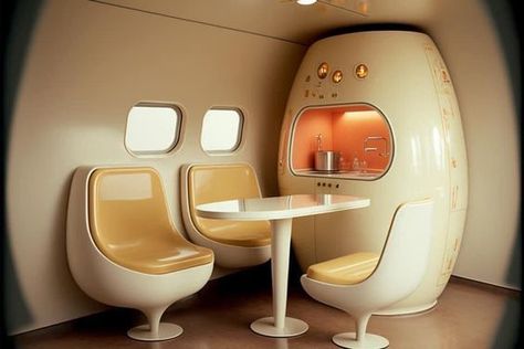 70s Futurism Interior Design, Atomic Age Furniture, Futuristic Bedroom Ideas, Retro Spaceship, Space Age Interior, Retro Futuristic Interior, Space Age Furniture, Vintage Futurism, Art Fashion Design