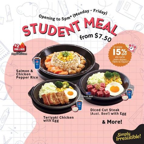 Pepper Lunch Student Meal Promotion from $7.50 Lunch Promotion Poster, Pepper Lunch Restaurant, Food Promotion Ideas, Lunch Menu Design, Food Promotion Design, Restaurant Promotion Ideas, Pepper Lunch, University Food, Restaurant Promotions