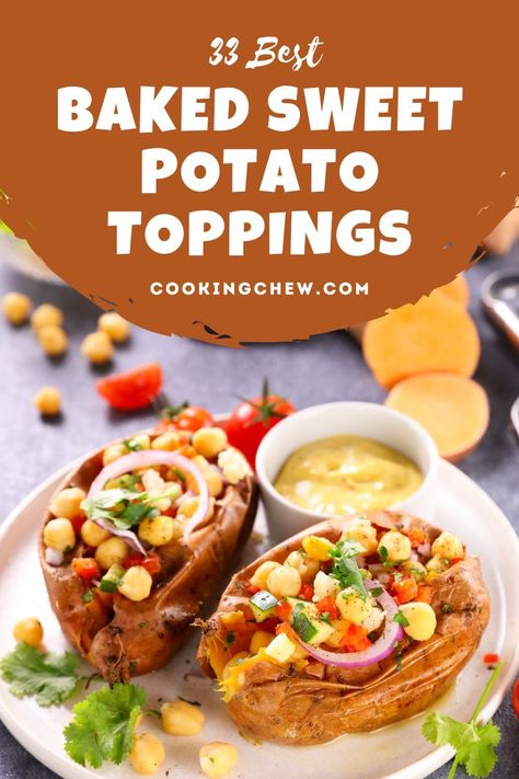 Baked Sweet Potato Toppings Savory, Baked Sweet Potato Bar Toppings, Sweet Potato Toppings Savory, Sweet Baked Potato Recipes, Baked Sweet Potatoes Toppings, Healthy Toppings For Sweet Potatoes, Sweet Potato Bar Toppings, Baked Sweet Potato Toppings Healthy, Bakes Sweet Potato Recipes