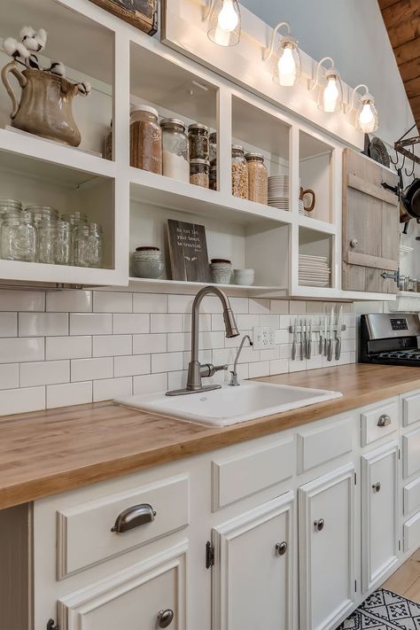 54+ White Cabinets With Butcher Block Countertops ( TIMELESS LOOK ) White Rustic Cabinets Kitchen, White Cabinet Kitchen Farmhouse Butcher Block Countertops, Butcher Block On White Cabinets, Taupe Kitchen Cabinets With Butcher Block, Kitchen Countertops Ideas White Cabinets, Kitchens Butcher Block Countertops, All White Kitchen With Butcher Block Countertops, White Cabinets With Butcher Block Countertops, White Kitchens With Butcher Block Countertops