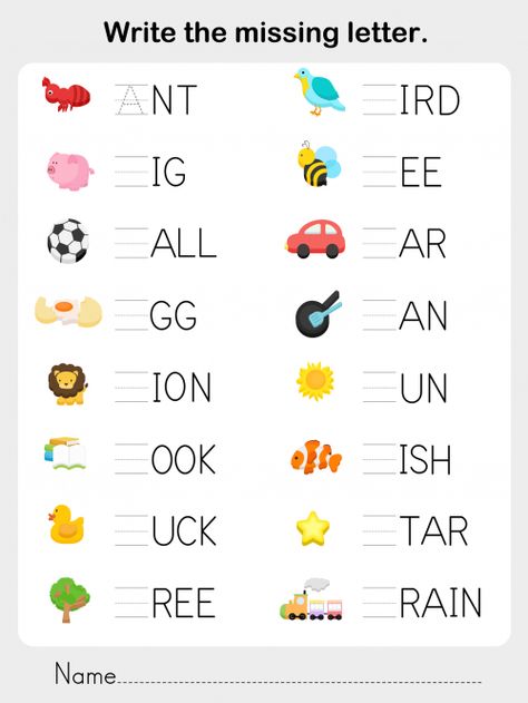 Get your child thinking about how sounds and letters go together! This free, printable worksheet asks students to look at an image, and fill in the blank with the appropriate sound. When your child has finished, cover the images and have them read the words back to you!   Read more at http://kidspressmagazine.com/phonics/worksheets/misc/write-the-missing-letter.html#ESCBV0PCvWPw0ju2.99  #phonics, #writing, #free, #printable, #consonants, #vowels Letter Worksheets Kindergarten, Lkg Worksheets, Letters Worksheets, Missing Letters, Kindergarten Phonics Worksheets, English Worksheets For Kindergarten, Vowel Worksheets, Alphabet Worksheets Kindergarten, English Activities For Kids