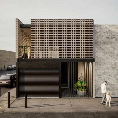 Roster Facade, Facade Architecture Design, Modern House Facades, Architect Design House, Minimal House Design, Brick Facade, Building Facade, Architecture Exterior, Facade Architecture