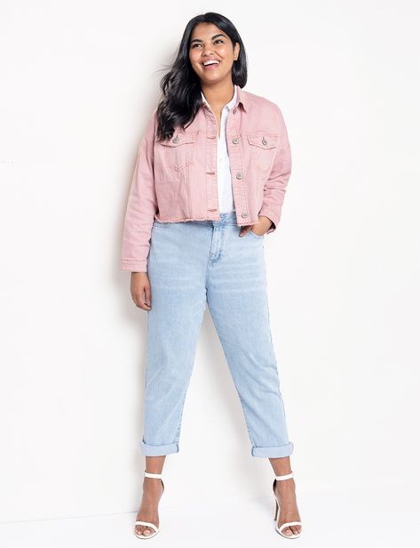 Pink Crop Jacket, Denim Jacket Outfit Women, Oversized Denim Jacket Outfit, Crop Denim Jacket, Pink Denim Jacket, Jacket Outfit Women, Jean Jacket Outfits, Denim Jacket Outfit, Plus Size Coats