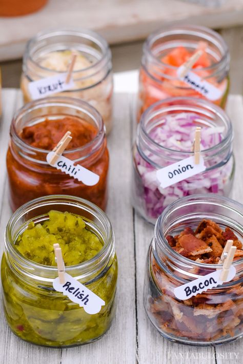 Hot Dog Bar Toppings in small mini glass jars Hot Dog Catering Ideas, Concession Stand Party Ideas Food Tables, Hamburger And Hot Dog Bar, Cookout Hacks, Hot Dog Buffet, Hot Dog Bar Toppings, Hot Dog Party, Party Food Bars, Party Food Bar