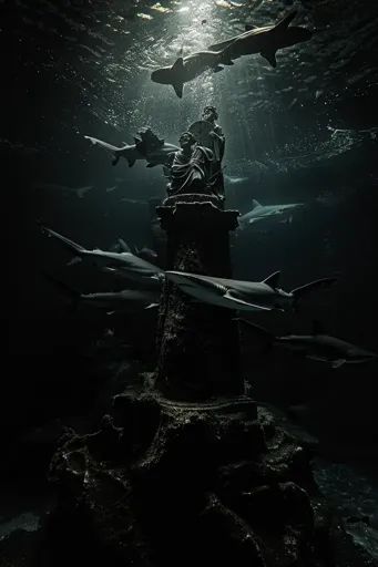 ↑↑↑ Larger size on website 🔸 A dark, shadowy image of an underwater scene.  A large, looming statue, silhouetted by light filteri 🔸 From Midjourney AI Image Statues Underwater, Statue Underwater, Underwater Statues, Beam Of Light, Underwater Scene, Shark Swimming, Sharks, Rocky, Large Size